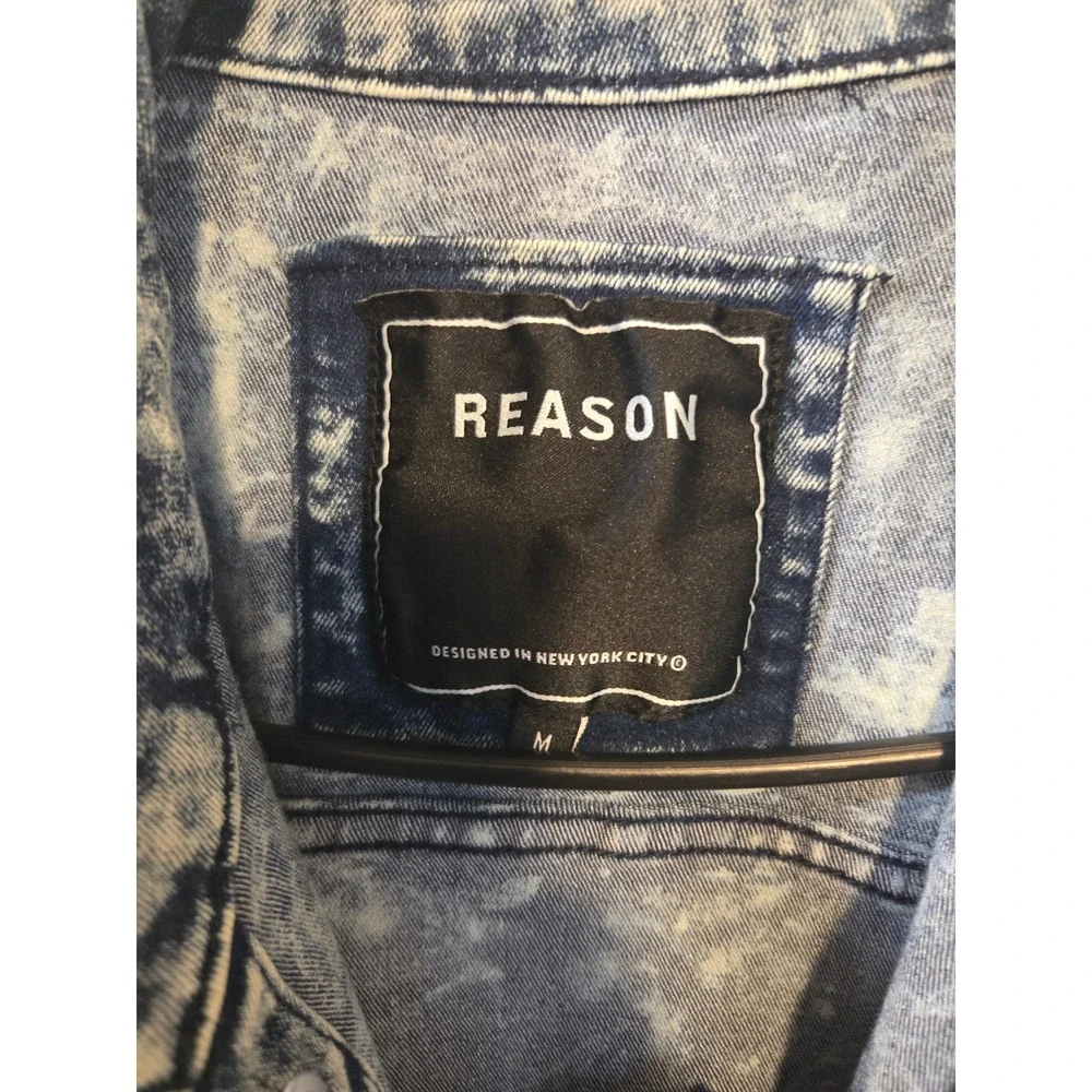 NEW WITH TAGS  Reason Clothing Smiley Face Multi-Pocket Distressed Denim Jacket